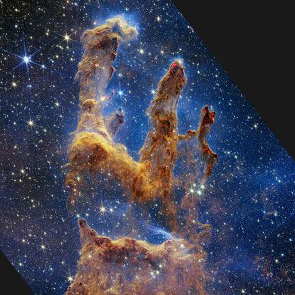 The NASA/ESA Hubble Space Telescope made the Pillars of Creation famous with its first image in 1995, but revisited the scene in 2014 to reveal a sharper, wider view in visible light, shown above at left. A new, near-infrared-light view from the NASA/ESA/CSA James Webb Space Telescope, at right, helps us peer through more of the dust in this star-forming region. The thick, dusty brown pillars are no longer as opaque and many more red stars that are still forming come into view. While the pillars of gas and dust seem darker and less penetrable in Hubble’s view, they appear more diaphanous in Webb’s. The background of this Hubble image is like a sunrise, beginning in yellows at the bottom, before transitioning to light green and deeper blues at the top. These colours highlight the thickness of the dust all around the pillars, which obscures many more stars in the overall region. In contrast, the background light in Webb’s image appears in blue hues, which highlights the hydrogen atoms, and reveals an abundance of stars spread across the scene. By penetrating the dusty pillars, Webb also allows us to identify stars that have recently – or are about to – burst free. Near-infrared light can penetrate thick dust clouds, allowing us to learn so much more about this incredible scene. Both views show us what is happening locally. Although Hubble highlights many more thick layers of dust and Webb shows more of the stars, neither shows us the deeper universe. Dust blocks the view in Hubble’s image, but the interstellar medium plays a major role in Webb’s. It acts like thick smoke or fog, preventing us from peering into the deeper universe, where countless galaxies exist. The pillars are a small region within the Eagle Nebula, a vast star-forming region 6,500 light-years from Earth. [Image Description: Two images of the Pillars of Creation, a star-forming region in space. At left, Hubble’s visible-light view shows darker pillars that rise from the bottom to the 