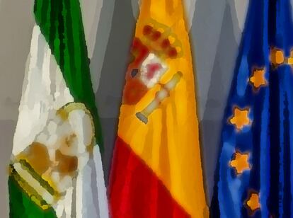 Imagen de las banderas de Andalucía, España y la Unión Europea.