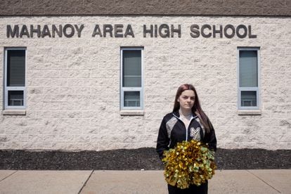 Brandi Levy, in front of her high school in Mahanoy in Pennsylvania.