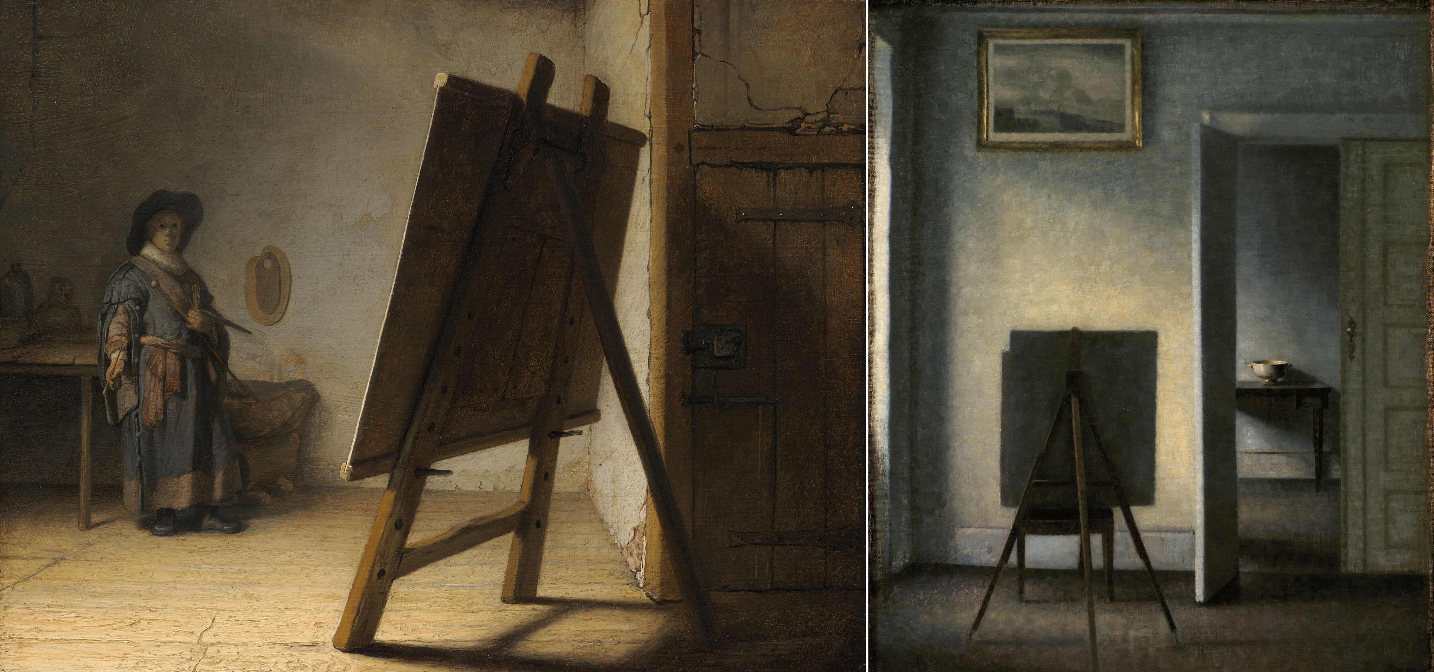 A la izquierda, 'Artista en su estudio' de Rembrandt. A la derecha, interior con el caballete del pintor Vilhelm Hammershøi, de 1910.