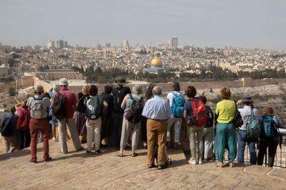 A group of tourists on Monday on the Mount of Olives in Jerusalem.