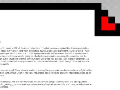 La carta publicada en lugar de la p&aacute;gina de Lavabit.