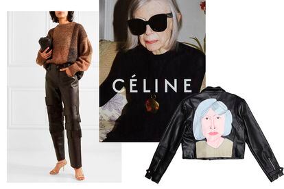 A la izquierda, el jersey de cashmere de The Row apodado como Didion. Centro, campaña protagonizada por la escritora en Céline en los tiempos de Phoebe Philo. Derecha, chaqueta de piel con su rostro en la firma Veda en su colección de 2015 (que se vendió a 1.200 dólares).