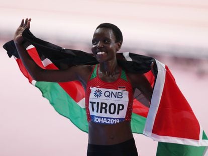 Jebet Tirop tras quedar tercera en el Campeonato Mundial de Atletismo de 2019.