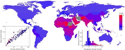 Cuanto m&aacute;s rojo, mayor brecha de g&eacute;nero en el uso de Facebook.