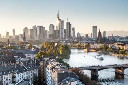 View of the Frankfurt skyline and the Main River as it passes through the German city.