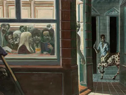 'Teoría y praxis en el bar', pintura de Daniel Santoro exhibida en el Museo del libro y de la lengua