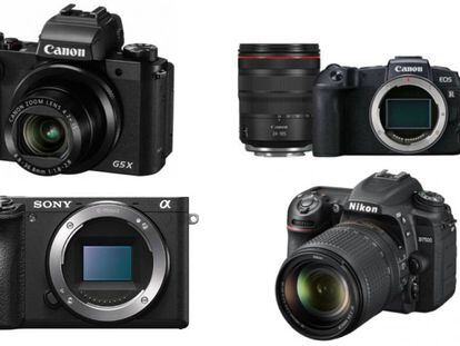 De izquierda a derecha y de arriba a abajo: Canon Digital PowerShot G5X, cuerpo de cámara Sony A6500 ilce-6500, Cuerpo EOS RP de Canon + objetivo RF 24-105mm f/4L IS USM + adaptador de montura EF-EOS y Nikon D7500.