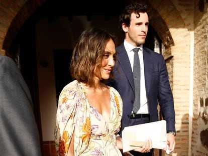 CIUDAD REAL, SPAIN - JULY 11: Tamara Falco and Iñigo Onieva at the wedding of Felipe Cortina and Amelia Millan on July 11, 2021 in Ciudad Real, Spain. (Photo By Javier Ramirez/Europa Press via Getty Images)