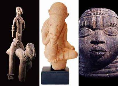 De izquierda a derecha: jinete y caballo de la cultura Segou; personaje arrodillado, cultura Nok; cabeza de Benin de la cultura Djenné.