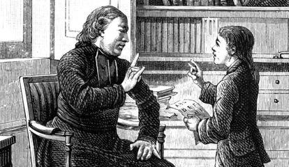 El padre Charles Michèle de l'Epée enseña lenguaje de señas a un sordomudo.