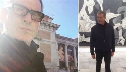 El actor Pierce Brosnan en el Museo del Prado y, a la derecha, frente al 'Guernica' en el Reina Sofía, de Madrid.
