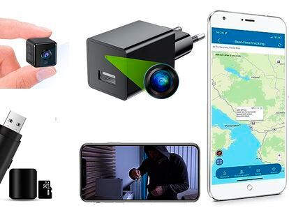 Ejemplos de cámaras de vigilancia y GPS camuflados, que se pueden comprar en populares plataformas online en España.