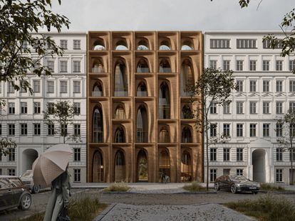 Recreación de un edificio en Berlín que tomaría los modos y materiales de construcción del proyecto TOVA para aplicarse a construcciones de varias alturas en grandes ciudades.