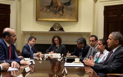 El presidente Obama (dcha.) se reunió con el líder de la oposición siria, Ahmad Jarba (izda.).
