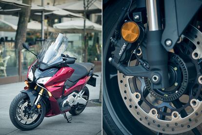 Atractiva y funcional: la Honda Forza 750 tiene intermitentes automáticos y luces LED en su bifaro frontal para hacerse notar en carretera. Los frenos, con pinzas de cuatro pistones y anclaje radial, se encargan de detener la scooter con total seguridad.