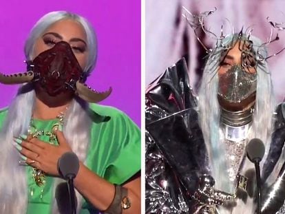 Un par de los vestuarios y máscaras que utilizó Lady Gaga en los MTV Video Music Awards.