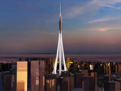 Simulación de la torre con forma de lirio en el complejo Dubai Creek Harbour.