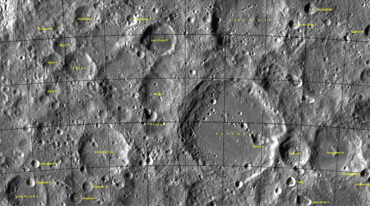 Cráteres en la Luna, con los dedicados a Stark en la parte izquierda.