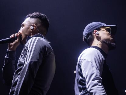 MADRID, SPAIN - DECEMBER 13: Morad and Dellafuente perform on stage during the Red Bull SoundClash 2023 at WiZink Center on December 13, 2023 in Madrid, Spain. (Photo by Aldara Zarraoa/Getty Images)