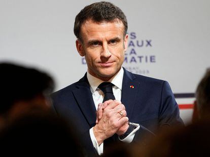 El presidente francés, Emmanuel Macron,  en el Ministerio de Asuntos Exteriores en París, este jueves.