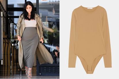 Con la idea de jugar al desnudo integral, Kim Kardashian promueve los estilismos nude, en tonos maquillaje casi idénticos al color de la piel, y prendas totalmente pegadas al cuerpo. A la izda., Kim Kardashian en Los Ángeles en 2015; a la dcha., body de Zara (17,95 €).
