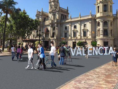 Imagen virtual de cómo quedaría la peatonalización de la plaza del Ayuntamiento de Valencia. (Ayuntamiento de Valencia)