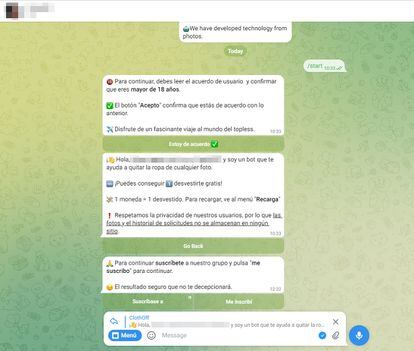 Captura de pantalla de una chat de Telegram para utilizar una app de inteligencia artificial.
