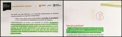 En la imagen, a la izquierda, un párrafo del Plan Gaiás presentado el lunes en gallego y a la derecha el mismo texto en castellano incluido en 2007 en el Plan Estratégico para la Cultura de la Junta de Andalucía