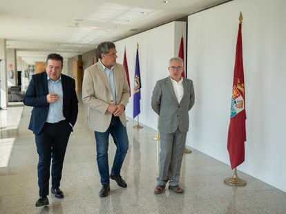 Luis Mariano Santos, de UPL; Pedro Pascual, de Por Ávila y Ángel Peña, de Soria Ya, caminan por los pasillos de las Cortes de Castilla y León.