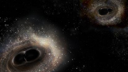Representación de fusiones de agujeros negros.