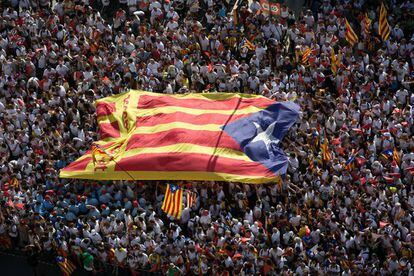 Una bandera estelada, en la manifestación de 2015