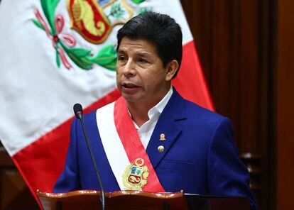 Pedro Castillo, presidente de Perú, durante su discurso a la nación en el Congreso.
