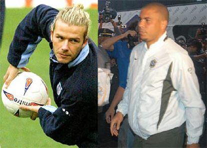 Beckham, a la izquierda, en Manchester, en pose de jugador de rugby, y Ronaldo, a su llegada a Lima.