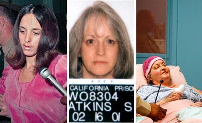 Susan Atkins durante el juicio, en una imagen policial durante su condena y poco antes de su muerte, en 2009.