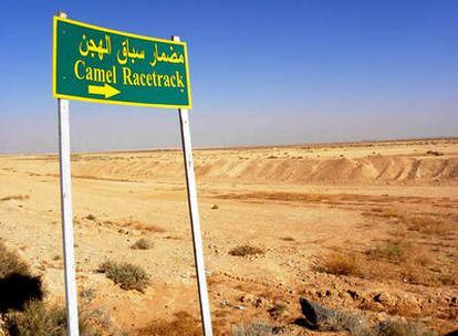 Señalización de un circuito de carreras de camellos en las cercanías de Damasco, Siria