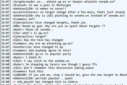 Captura de las conversaciones públicas de activistas relacionados con el colapso de la web del Senado español