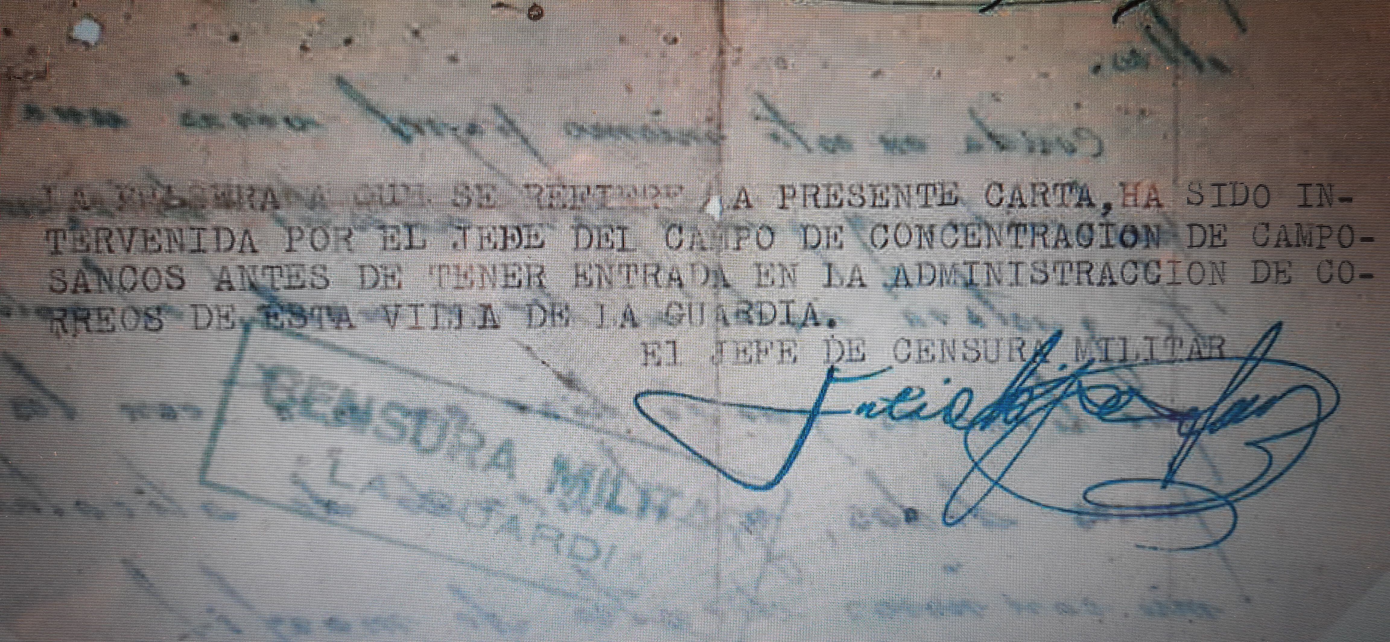 Nota de la censura, informando de la requisa de una pulsera, en una carta de Marcelino Fernández desde el campo de concentración de Camposancos.