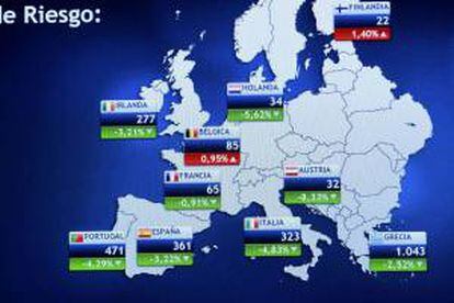 En la imagen, mapa de la evolución de la prima de riesgo española y de otros países europeos. EFE/Archivo