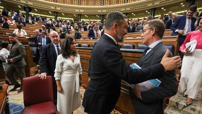 Santiago Abascal (Vox) saluda a Alberto Núñez Feijóo (PP).