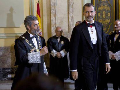 El president del Suprem, Carlos Lesmes, i el Rei, aquest dimarts en l'obertura de l'any judicial.