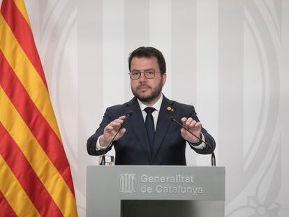Pere Aragonès, presidente de la Generalitat, en un momento de la rueda de prensa.
