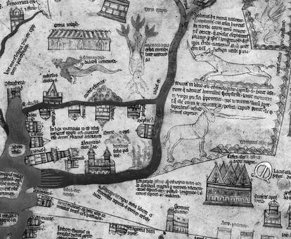 Unicornios y criaturas raras en el delta del Nilo, en un detalle del Mappa Mundi de Hereford (en torno a 1290), una pieza prestigiosa que se halla en la catedral de la misma ciudad y que estuvo a punto de ser vendida a privados.