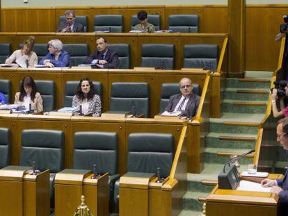 El parlamentario de EA, Juanjo Agirrezabala, en la tribuna de la Cámara. Al fondo, los escaños del PNV.