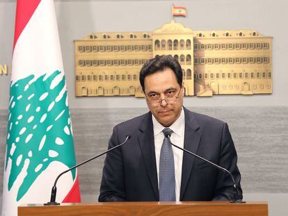 El primer ministro libanés, Hasan Diab, durante el anuncio de 'default' el 7 de marzo de 2020 en Beirut.