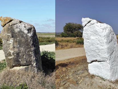 El menhir de La Lancha, ubicado en un cruce de caminos de Arcos de la Frontera, antes y después de ser pintado de blanco, en unas imágenes tomadas por el investigador Agustín García Lázaro.