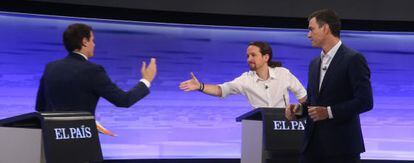 Albert Rivera, Pablo Iglesias y Pedro Sánchez, este lunes.