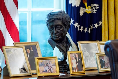 A bust of Cesar Chavez was discovered in the Oval Office of the Biden administration.