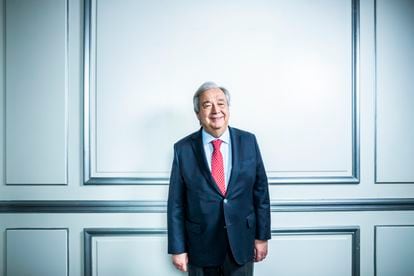 El secretario general de la ONU, António Guterres, en el hotel de Madrid en el que transcurrió la entrevista.