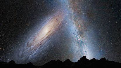 Representación del cielo nocturno en la Tierra dentro de 3.700 millones de años, con la galaxia de Andrómeda, a la izquierda, y la Vía láctea.